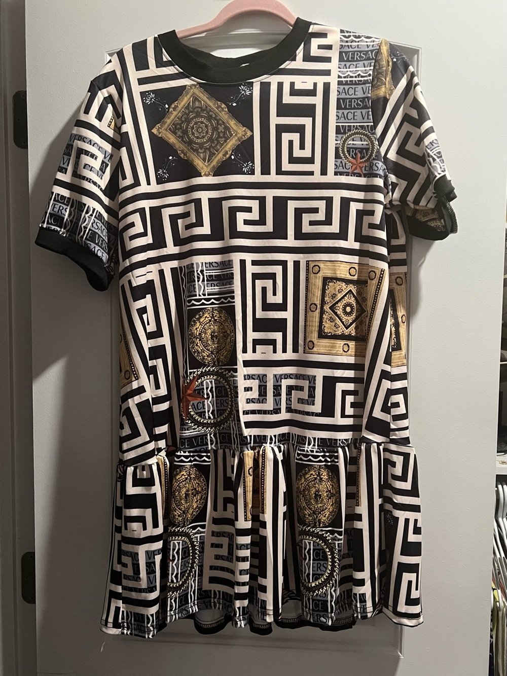Midi Black & White Women's Geometric Print Dress with Gold Accents